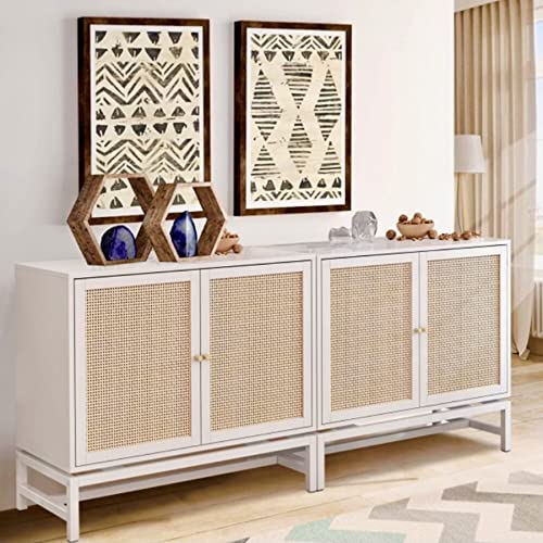 AWQM 2pcs Rattan Sideboard Buffet Cabinet with Storage,Kithchen Accent Storage Cabinet with Doors Console Table with Adjustable Shelves,Wood Console Cabinet for Dining Room,Living Room,White