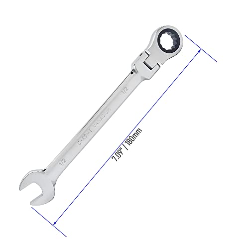 FOCMKEAS 1/2 Inch Flex-Head Ratcheting Combination Wrench SAE 72 Teeth 12 Point Ratchet Box Ended and Open End Spanner Tools, Flexible Head Gear Wrench, Heat-Treated CR-V