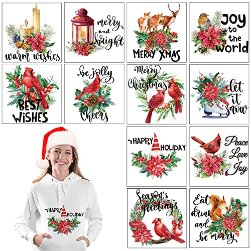 12 Sheets Christmas Iron on Transfers for T-Shirts Cardinal Iron on Decals Poinsettia Elk Candles Letter Tree Pattern Applique Stickers Wreath Heat Transfer Paper Stickers for DIY Xmas Clothing