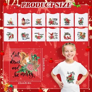 12 Sheets Christmas Iron on Transfers for T-Shirts Cardinal Iron on Decals Poinsettia Elk Candles Letter Tree Pattern Applique Stickers Wreath Heat Transfer Paper Stickers for DIY Xmas Clothing