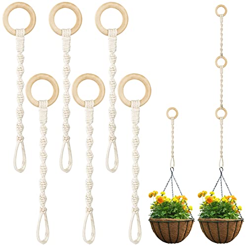 6 Pack Connectable Macrame Plant Hanging Extenders- Durable Rope Plant Hanger Extender with Wooden Ring Handmade Woven Plant Basket Extender for Indoor Outdoor Plant Pot Holder Home Decoration (Beige)