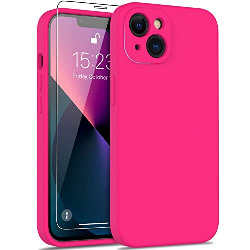 DEENAKIN Compatible with iPhone 13 Case with Screen Protector - Silky Soft Silicone - Enhanced Camera Cover - 16ft Drop Tested - Slim Fit Protective Phone Case for Women Girls 6.1" - Hot Pink