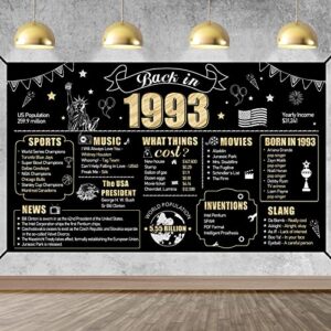 large 30th birthday banner backdrop decorations for men women, black gold back in 1993 happy 30 bday sign party supplies, thirty birthday photo background decor for outdoor indoor