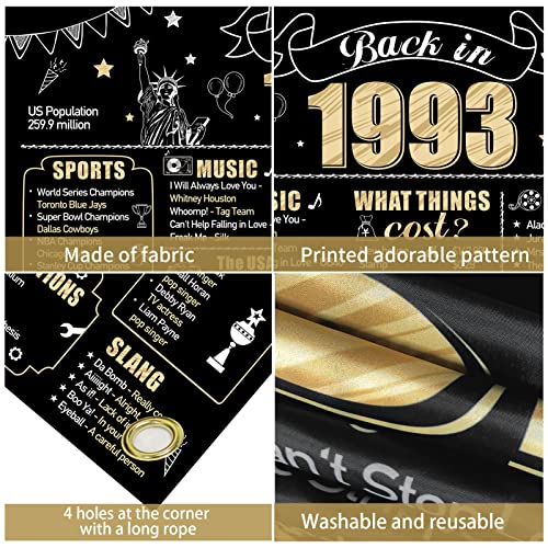 Large 30th Birthday Banner Backdrop Decorations for Men Women, Black Gold Back in 1993 Happy 30 Bday Sign Party Supplies, Thirty Birthday Photo Background Decor for Outdoor Indoor