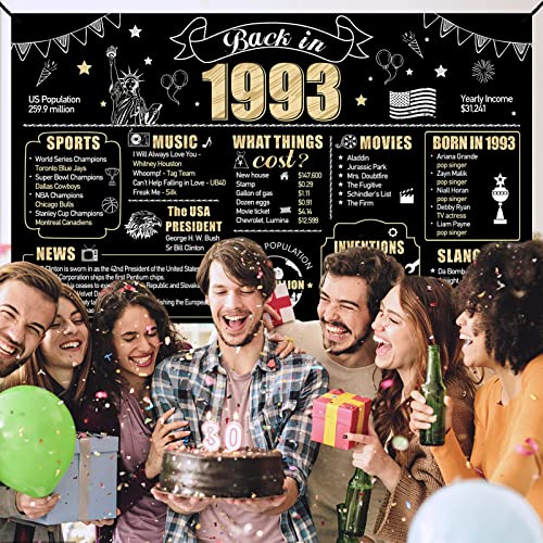 Large 30th Birthday Banner Backdrop Decorations for Men Women, Black Gold Back in 1993 Happy 30 Bday Sign Party Supplies, Thirty Birthday Photo Background Decor for Outdoor Indoor