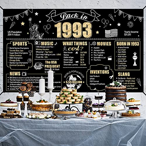 Large 30th Birthday Banner Backdrop Decorations for Men Women, Black Gold Back in 1993 Happy 30 Bday Sign Party Supplies, Thirty Birthday Photo Background Decor for Outdoor Indoor