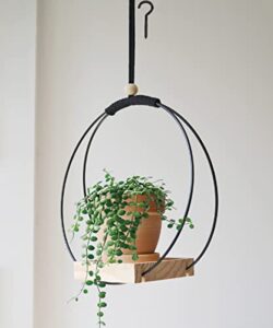 dravmola plant hanger with wood base - boho macrame hanging plant holder for indoor plants hanging planter for wall/window/room decor black (pot & plant not included)