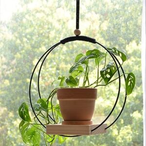 Dravmola Plant Hanger with Wood Base - Boho Macrame Hanging Plant Holder for Indoor Plants Hanging Planter for Wall/Window/Room Decor Black (Pot & Plant Not Included)