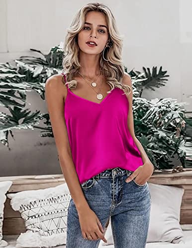 Ekouaer Women's Silk Tank Top V-Neck Camisole Silky Loose Sleeveless Blouse Satin Tank Shirt Rose