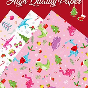 Christmas Dinosaur Wrapping Paper 10 Sheets 20" x 27" Pink Christmas Wrapping Paper Flat Fold Christmas Gift Wrap Paper Pink Girls Wrapping Paper Kids Dinosaur Gift Wrap Dino Birthday Wrapping Paper