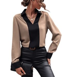 sweatyrocks women's color block long sleeve collar v neck shirt casual office work pullover blouse top apricot s