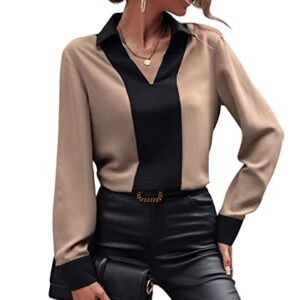 SweatyRocks Women's Color Block Long Sleeve Collar V Neck Shirt Casual Office Work Pullover Blouse Top Apricot S