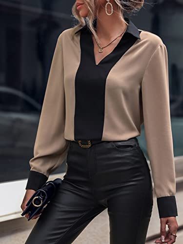 SweatyRocks Women's Color Block Long Sleeve Collar V Neck Shirt Casual Office Work Pullover Blouse Top Apricot S