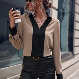 SweatyRocks Women's Color Block Long Sleeve Collar V Neck Shirt Casual Office Work Pullover Blouse Top Apricot S