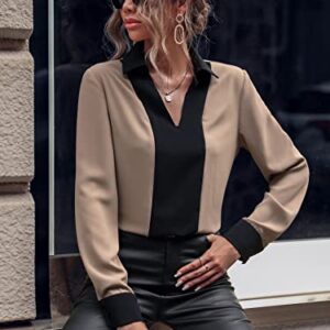 SweatyRocks Women's Color Block Long Sleeve Collar V Neck Shirt Casual Office Work Pullover Blouse Top Apricot S