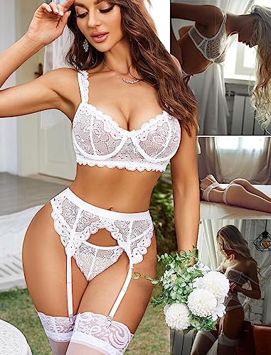 Avidlove Lace Garter Lingerie Set with Underwire Push Up Lingerie Set (No Stockings) (White, S)