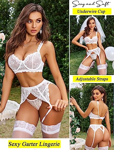 Avidlove Lace Garter Lingerie Set with Underwire Push Up Lingerie Set (No Stockings) (White, S)