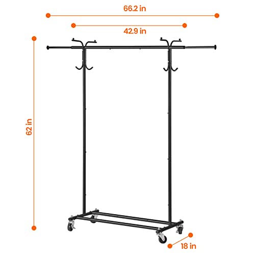 HOUSE AGAIN Adjustable 2-in-1 Heavy Duty Garment Rack & Coat Rack, 66" L, Rolling Clothes Rack with Lockable Wheels, Sturdy Cloth Rack for Hanging Clothes, Commercial Grade, Freestanding, Chrome