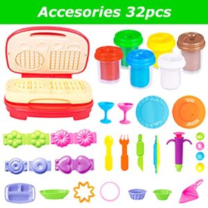 GOVOY Play Color Dough Sets for Kids,Kitchen Creations Waffle Maker Machine Food Cooking 32PCS Clay and Accessories Tools Kits Dough Playset Gifts Toys for Art and Craft Party for Kids