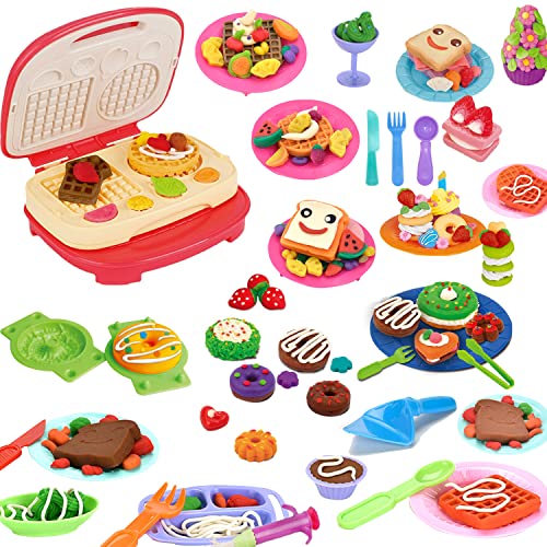 GOVOY Play Color Dough Sets for Kids,Kitchen Creations Waffle Maker Machine Food Cooking 32PCS Clay and Accessories Tools Kits Dough Playset Gifts Toys for Art and Craft Party for Kids