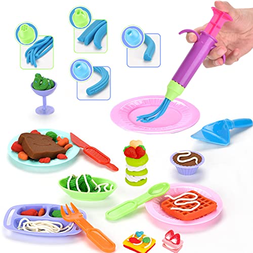 GOVOY Play Color Dough Sets for Kids,Kitchen Creations Waffle Maker Machine Food Cooking 32PCS Clay and Accessories Tools Kits Dough Playset Gifts Toys for Art and Craft Party for Kids