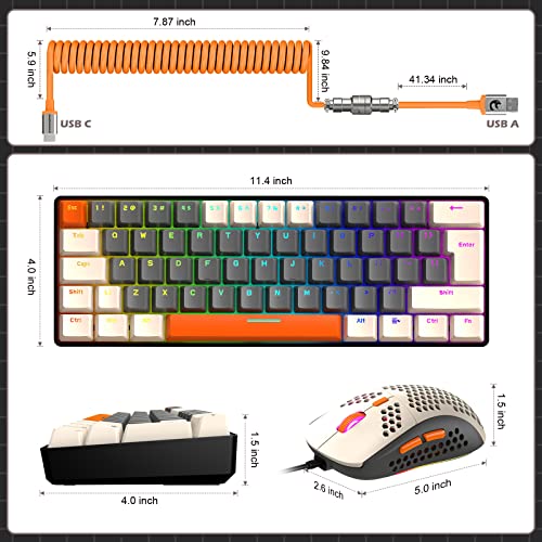 ZIYOU LANG RK-T60 Wired Mechanical Gaming Keyboard and Mouse Combo Portable with Rainbow Backlit 62Key NKRO 6400DPI RGB Honeycomb Mice Coiled Aviator Cable for PS4/PC/WIN Gamer(Dark Gray/Blue Switch)