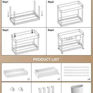 MERRYBOX 2 Pack Under Sink Organizers and Storage, Sliding Under Bathroom Cabinet Organizer, 2 Tier Kitchen Under Sink Organizer Pull Out Drawer with 8 Hooks, 2 Hanging Cups, 8 Non-Slip Feet, White