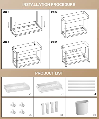 MERRYBOX 2 Pack Under Sink Organizers and Storage, Sliding Under Bathroom Cabinet Organizer, 2 Tier Kitchen Under Sink Organizer Pull Out Drawer with 8 Hooks, 2 Hanging Cups, 8 Non-Slip Feet, White