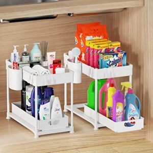 MERRYBOX 2 Pack Under Sink Organizers and Storage, Sliding Under Bathroom Cabinet Organizer, 2 Tier Kitchen Under Sink Organizer Pull Out Drawer with 8 Hooks, 2 Hanging Cups, 8 Non-Slip Feet, White