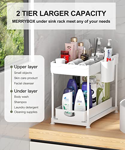 MERRYBOX 2 Pack Under Sink Organizers and Storage, Sliding Under Bathroom Cabinet Organizer, 2 Tier Kitchen Under Sink Organizer Pull Out Drawer with 8 Hooks, 2 Hanging Cups, 8 Non-Slip Feet, White