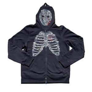 HZCX FASHION Men Gothic Skeleton Hoodies Rhinestone Sweatshirt Full Zip Over Face(2 Mask,Large)