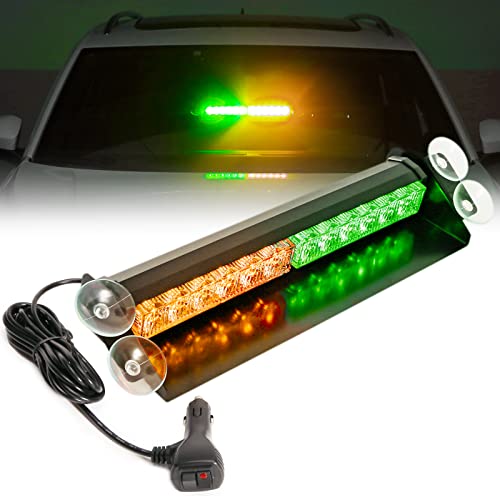 BooYu 14.8in LED Windshield Emergency Strobe Dash Light Bar 12/24V Interior Visor Deck Flashing Hazard Safety Warning Lights for Police Law Enforcement POV Trucks Vehicles [Amber/Green][12 LEDs][18W]