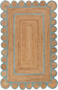 the rug cafe natural scalloped jute area rug bohemian scallop boho decor area handwoven custom rugs decorative rug natural base off color trim reversible braided woven rugs (turquoise 4 x 6 feet)