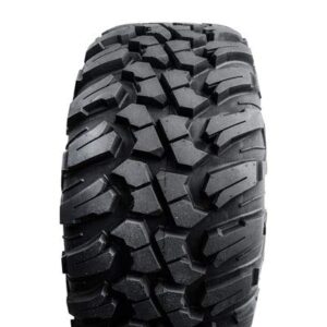 Four 28x10-14 Tusk TERRABITE Heavy Duty 8-Ply Radial UTV Tires mounted on Tusk TINTIC Wheels - For KAWASAKI TERYX 750 800 - Includes Lug Nuts (4+3 Wheel Offset, Milled Black)