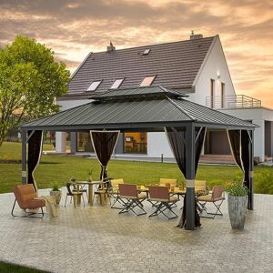 olilawn gazebo 12x16, outdoor hardtop gazebo with large aluminum frame, galvanized steel double top gazebo with ventilation, all-weather metal gazebo with mosquito nettings, for patios gardens lawns
