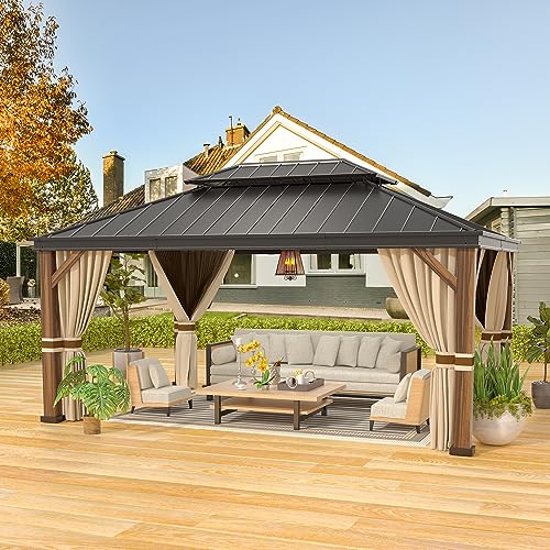 OLILAWN Gazebo 12x16, Hardtop Gazebo with Wood Finish Aluminum Frame, Galvanized Steel Double Top Gazebo with Ventilation, All-Weather Metal Gazebo with Netting and Curtains, for Patios Gardens Lawns