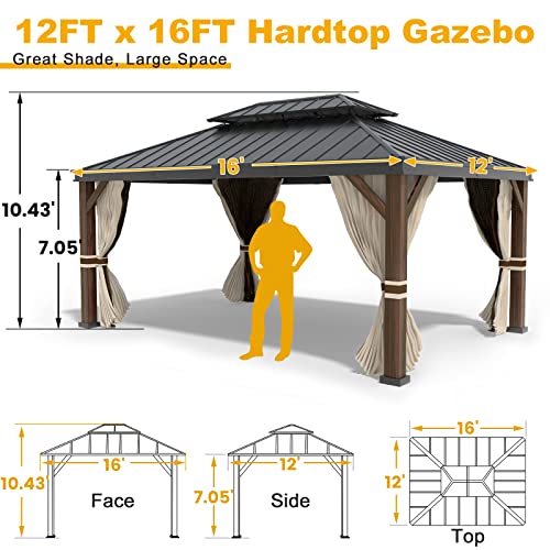 OLILAWN Gazebo 12x16, Hardtop Gazebo with Wood Finish Aluminum Frame, Galvanized Steel Double Top Gazebo with Ventilation, All-Weather Metal Gazebo with Netting and Curtains, for Patios Gardens Lawns