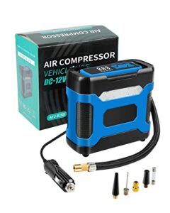 tire inflator portable air compressor, air pump for car tires 12v dc car tire pump with digital pressure gauge, 150psi car air pump with emergency led light for cars, bikes, balls, and others - blue