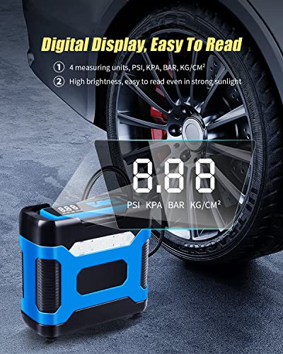 Tire Inflator Portable Air Compressor, Air Pump for Car Tires 12V DC Car Tire Pump with Digital Pressure Gauge, 150PSI Car Air Pump with Emergency LED Light for Cars, Bikes, Balls, and Others - Blue