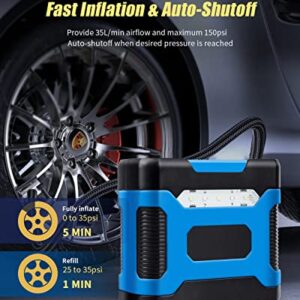 Tire Inflator Portable Air Compressor, Air Pump for Car Tires 12V DC Car Tire Pump with Digital Pressure Gauge, 150PSI Car Air Pump with Emergency LED Light for Cars, Bikes, Balls, and Others - Blue