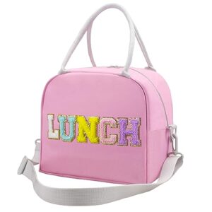 Lunch Box for Women, Large Insulated Lunch Box for Girls, Personalized Preppy Lunch Box for Adults with Adjustable Shoulder Straps,lunch Bag Women with Chenille Letters for Kids（Pink-lunch)