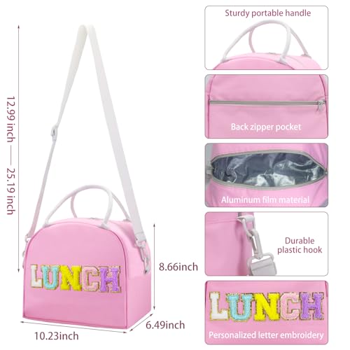 Lunch Box for Women, Large Insulated Lunch Box for Girls, Personalized Preppy Lunch Box for Adults with Adjustable Shoulder Straps,lunch Bag Women with Chenille Letters for Kids（Pink-lunch)