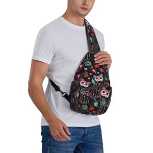 Yrebyou Cat and Skull Sling Bag Women Crossbody Chest Backpack Hiking Daypack Men Travel Casual Rideing Outdoor Beach