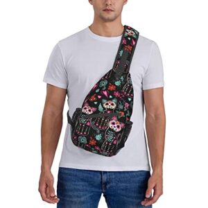 Yrebyou Cat and Skull Sling Bag Women Crossbody Chest Backpack Hiking Daypack Men Travel Casual Rideing Outdoor Beach