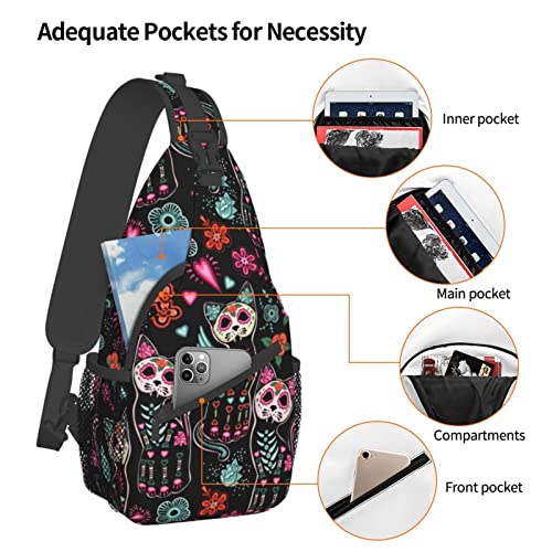 Yrebyou Cat and Skull Sling Bag Women Crossbody Chest Backpack Hiking Daypack Men Travel Casual Rideing Outdoor Beach