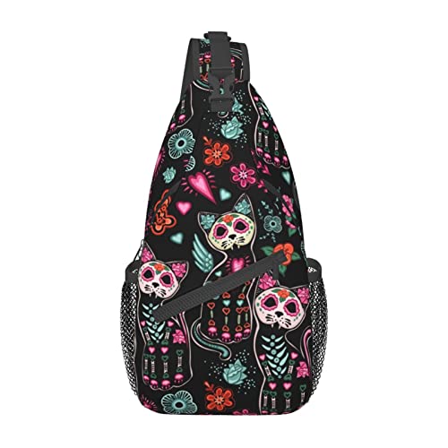 Yrebyou Cat and Skull Sling Bag Women Crossbody Chest Backpack Hiking Daypack Men Travel Casual Rideing Outdoor Beach