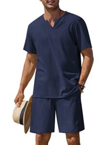 coofandy men's 2 pieces short sets cotton henley shirts short sleeve casual beach shorts summer yoga outfits