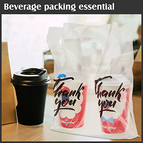 Handle Drinking Poly Bags Thank You Clear Plastic Packaging Bags, Drink Carrier with Handle Cup Carriers for Drinks Take out Beverage Coffee Juice Mike Tea, Hold 2 Cups (1000)