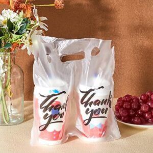 Handle Drinking Poly Bags Thank You Clear Plastic Packaging Bags, Drink Carrier with Handle Cup Carriers for Drinks Take out Beverage Coffee Juice Mike Tea, Hold 2 Cups (1000)