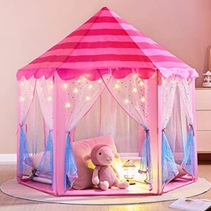 kidami princess tent 55" x 53" large playhouse for kids, barbie tent pink castle, toddlers play tent with star lights and carry bag, birthday gifts and toys for girls indoor and outdoor